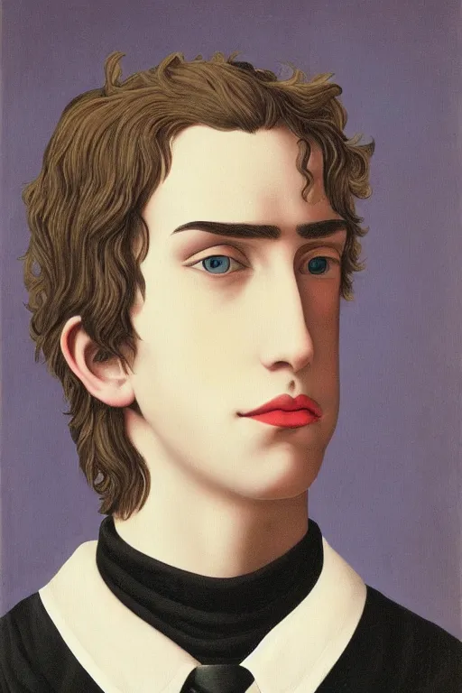 Image similar to portrait of beautiful young gothic boy whit readhead, some cyber, the middle ages, highly detailed, artstation, illustration, art by rene magritte