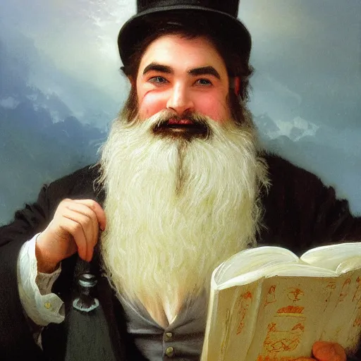 Prompt: detailed portrait painting of gentleman dwarf with long beard wearing tuxedo by William-Adolphe Bouguereau and Thomas Kinkade and Ted Nasmith, Booru