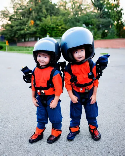 Prompt: cute toddlers wearing flight suits and motorcycle helmets, fly to school using their jet packs, hyperreal