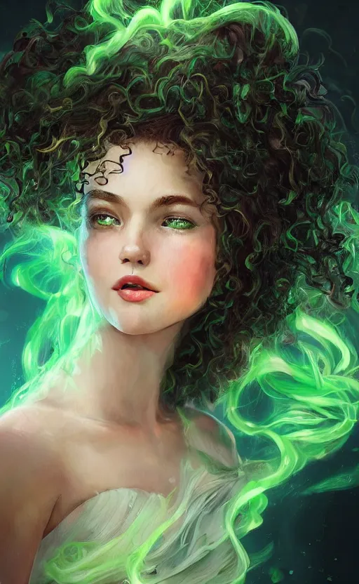 Image similar to a young woman with wild, curly hair and bright green eyes. she's wearing a flowing dress made of light, airy fabric and she has a mischievous look on her face, dynamic lighting, photorealistic fantasy concept art, trending on art station, stunning visuals, creative, cinematic, ultra detailed