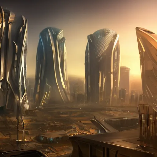 Image similar to The futuristic sci-fi city has extremely tal buildings, a giant spaceship is floating over the city, the background has a detailed heavenly lit exterior with iridescent light, matte painting, concept art, dramatic lighting, golden hour, 4k, 8k, trending on Artstation, realistic