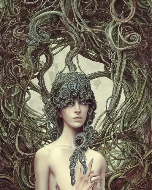 Image similar to centered beautiful detailed portrait of a insane, crazed, mad old woman, ornate tentacles growing around, ornamentation, thorns, vines, tentacles, elegant, beautifully soft lit, full frame, by wayne barlowe, peter mohrbacher, kelly mckernan, h r giger