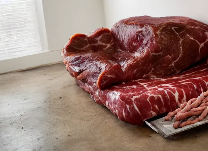 Prompt: Photograph of a meat couch, couch made of meat