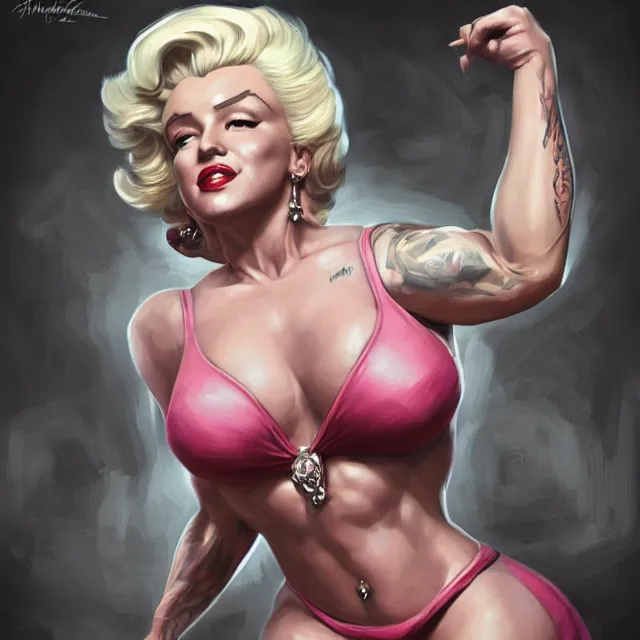 Image similar to detailed portrait of marilyn monroe as a female bodybuilder zarya from overwatch, attractive, beautiful, fantasy, intricate, elegant, highly detailed, digital painting, artstation, concept art, matte, sharp focus, illustration, art by aenaluck, artgerm and roberto ferri and greg rutkowski, epic fantasy, digital painting