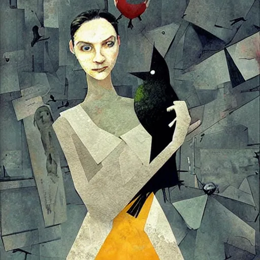 Image similar to a naive woman with a memory that survives the reset of the world, and a small robot bird on her shoulder, collage artwork by dave mckean and esao andrews