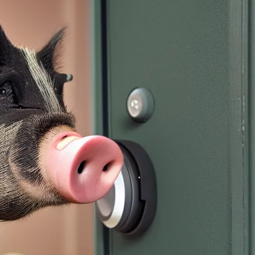 Prompt: man with the face of a pig staring into a ring doorbell camera