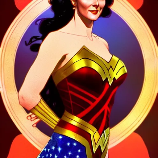 Image similar to a young lynda carter as wonder woman, volumetric lights, red and cyan theme, art nouveau botanicals, intricate, highly detailed, digital painting, artstation, concept art, smooth, sharp focus, cinematic, illustration, beautiful face, art by artgerm and greg rutkowski and alphonse mucha