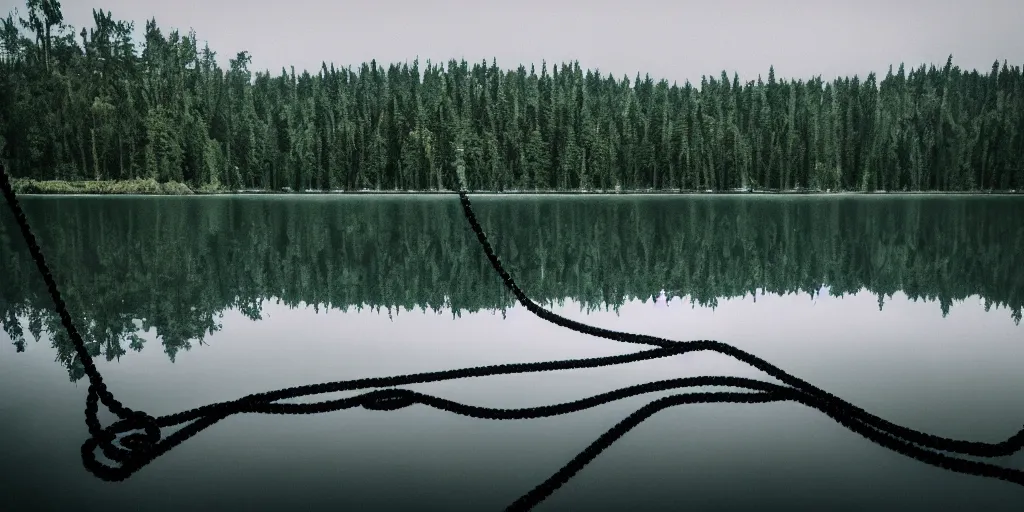 Image similar to centered photograph of a long rope snaking directly on the surface of the water, rope center of the lake, a dark lake on a cloudy day, color film, trees in the background, hyper detailed photo, anamorphic lens