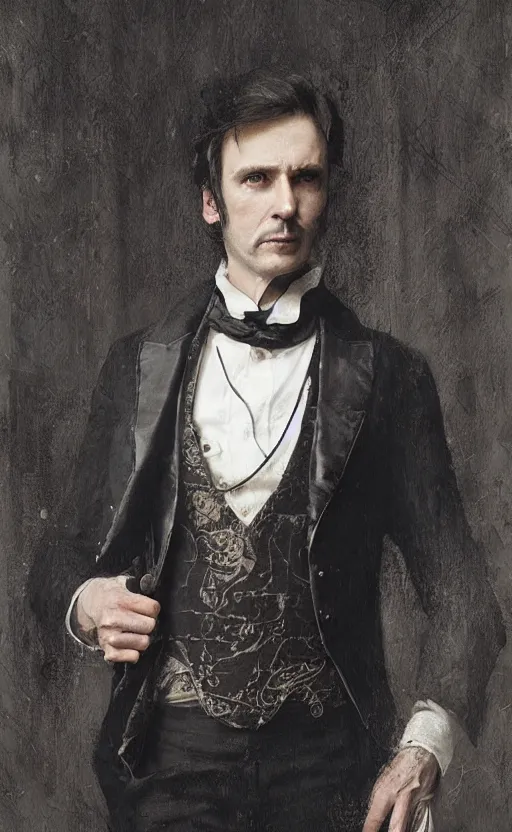 Image similar to Portrait of a victorian gentleman wearing a waistcoat, male, detailed face, victorian, highly detailed, cinematic lighting, digital art painting by greg rutkowski