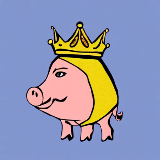 Image similar to a pig wearing a gold crown in the style of Chuck Jones