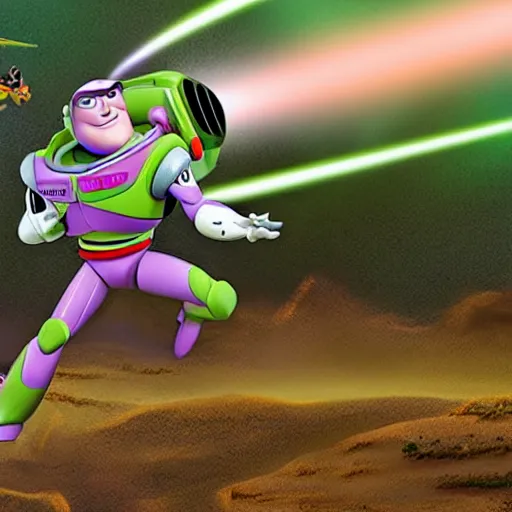 Image similar to buzz lightyear, riding a velociraptor who is shooting a laser of rabbits out of its mouth