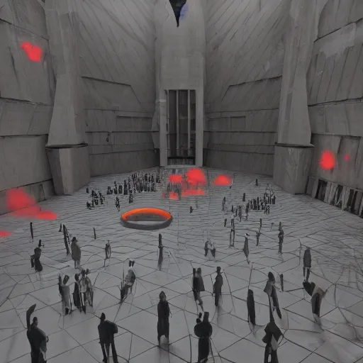 Prompt: houdini render, inside the grand hall of a stunning giant huge brutalist cement palace, a giant floating screaming face made up of swirling colorful glowing particles formed in the center of the room, a huge crowd of people in black cult robes worshiping it, cinema 4 d, volumetric lighting and shadows, fog, 8 k