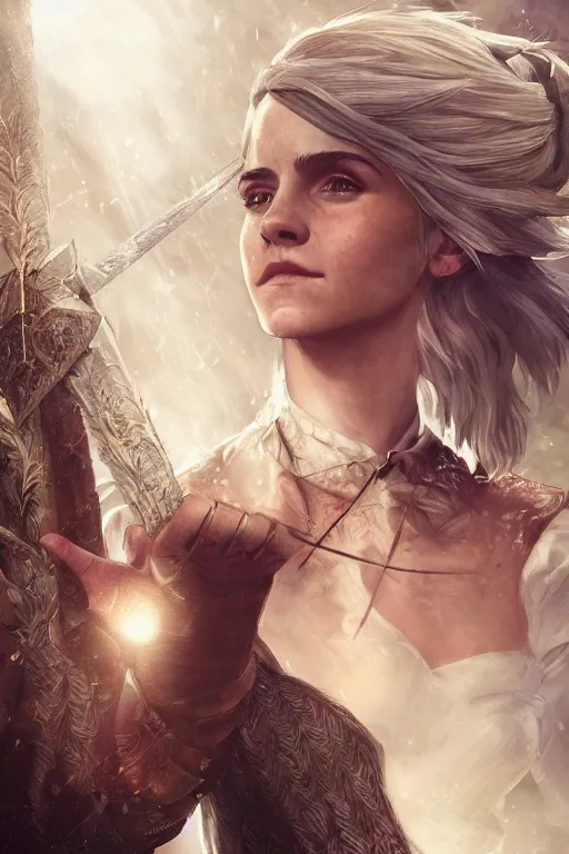 Image similar to a photo of Emma Watson as Ciri from the Witcher 3 casting a healing spell, fantasy, intricate, beautiful, highly detailed, digital painting, artstation, concept art, smooth, high resolution, sharp focus, illustration