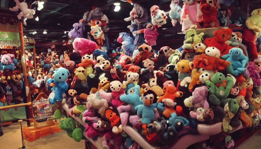 Prompt: 1990s photo of inside the Haunted Beanie Babies ride at Universal Studios in Orlando, Florida, people riding a Beanie Baby through a haunted Stuffed animal world world , cinematic, UHD