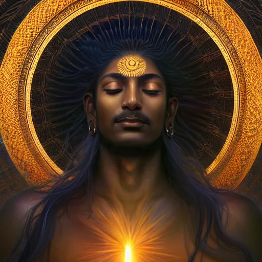 Image similar to adiyogi meditating, emiting mystical light, intricate, elegant, highly detailed, my rendition, digital painting, artstation, concept art, smooth, sharp focus, radiant light, illustration, art by artgerm and greg rutkowski and alphonse mucha