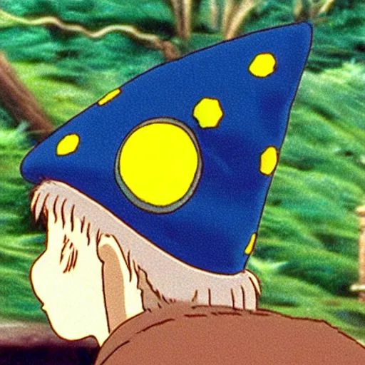 Image similar to a wizard wearing a blue wizard hat with yellow stars on it, from my neighbor totoro ( 1 9 9 3 ) by studio ghibli