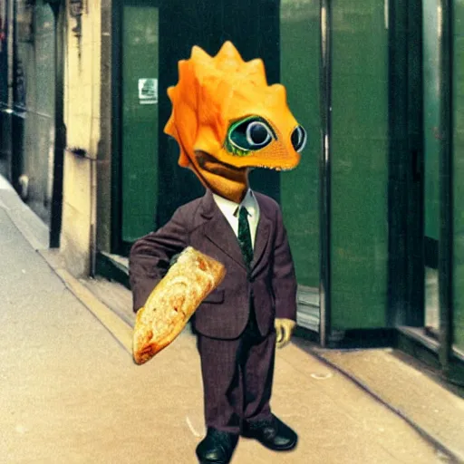 Image similar to a real photo by saul leiter of a small anthropomorphic dinosaur wearing a suit and standing in paris while holding a baguette