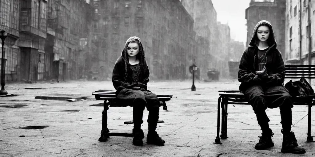 Image similar to mid shot of sadie sink in hoodie sits on bench in ruined square, pedestrians walk by | steampunk tenement windows in background : 3 5 mm film, anamorphic, from schindler's list by steven spielberg. cyberpunk, cinematic atmosphere, detailed and intricate, perfect anatomy
