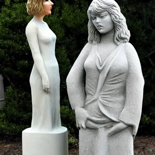 Prompt: stone sculpture of taylor swift and a stone sculpture of harry styles with a stone sculpture of adele singing