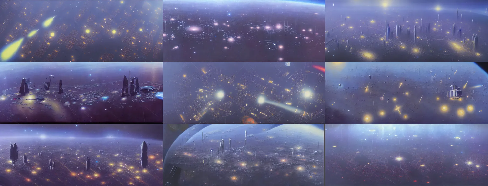 Image similar to a painting of the low earth orbit space city by john harris. ultra clear detailed. 8 k