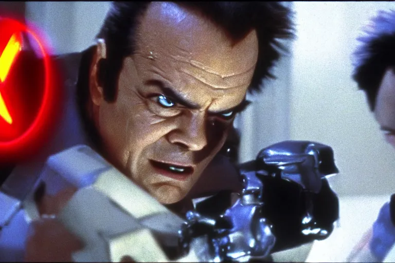 Image similar to Jack Nicholson plays Pikachu Terminator, action scene where his endoskeleton gets exposed and his eye glows red, still from the film