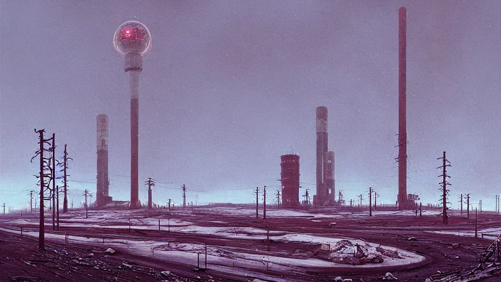 Image similar to Nuclear, Redwood Desolation; Location: Norilsk Russia; by Simon Stålenhag; retro natural-futurism;