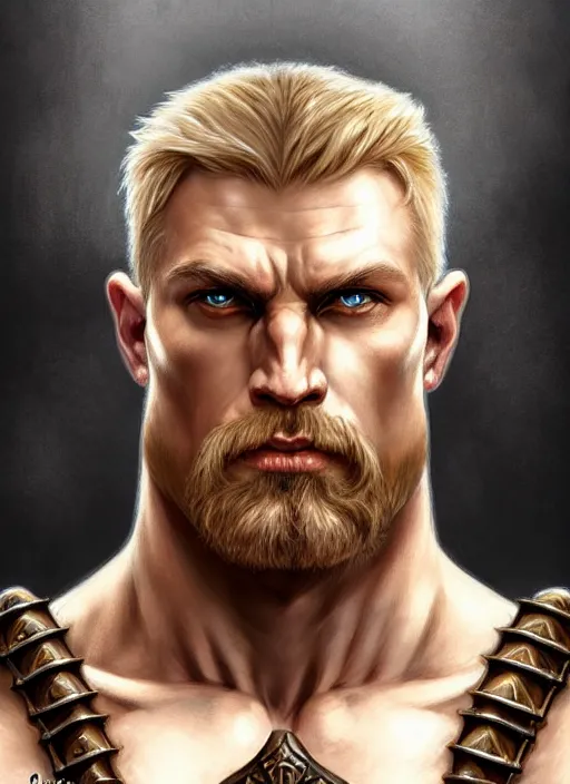 Image similar to symmetry! portrait of barbarian man, short blond hair, d & d, muscular!! angry!!! armour, fantasy, intricate, elegant, highly detailed, digital painting, artstation, concept art, smooth, sharp focus, illustration, art by artgerm and greg rutkowski and alphonse mucha