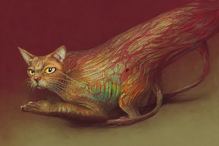 Prompt: painting of hybrid between cat and a fish, intercrossed animal, mixture animal, by tiffany bozic, by zdzislaw beksinski, logical anatomy, cold hue's, warm tone gradient background, concept art, beautiful composition, digital painting