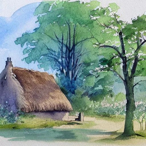 Image similar to a peaceful scene with old thatched cottage nestling amongst the trees, watercolor