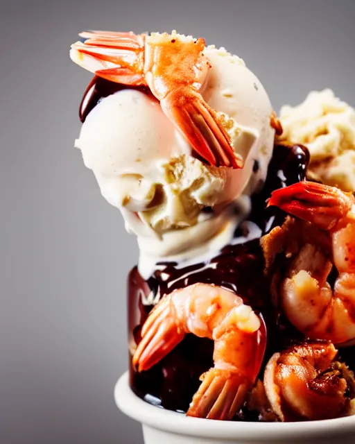 Image similar to dslr food photograph of a cup of ice cream sundae with shrimps on. 8 5 mm f 1. 4