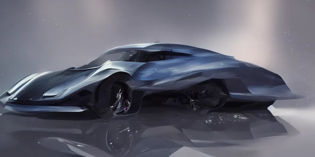 Image similar to full view of a sport car, painted in dark color holographic pearlescent, elegant, digital painting, concept art, smooth, sharp focus, art style from Wang Ke and Greg Rutkowski and Bruce Kaiser and Scott Robertson and Dmitry Mazurkevich and Doruk Erdem and Jon Sibal, small style cue from Mad Max