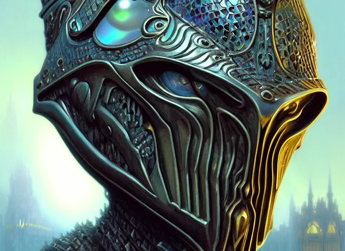 Image similar to anthropomorphic knight head in iridescent darkyiron mr bean giant pupils, intricate, elegant, highly detailed face, wide angle, digital painting, artstation, concept art, sharp focus, illustration, art by artgerm, bob eggleton, stephen hickman, richard corben, wayne barlowe, greg rutkowski, alphonse mucha, 8 k