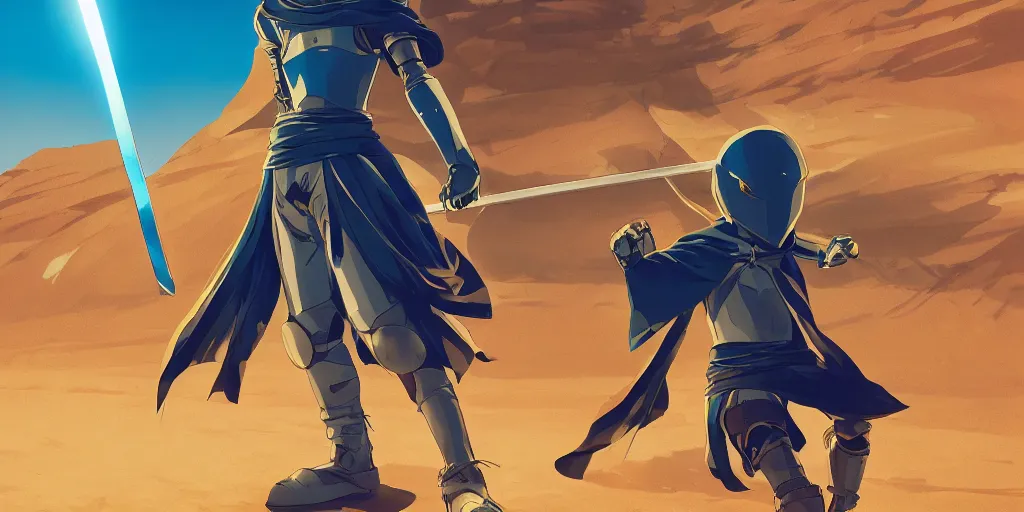 Image similar to blue knight holding a gold sword, green hatchback car screen left, low wide angle, anime, desert landscape, greg rutkowski, Murata, one punch man manga, cinematic, digital art, hyper realistic