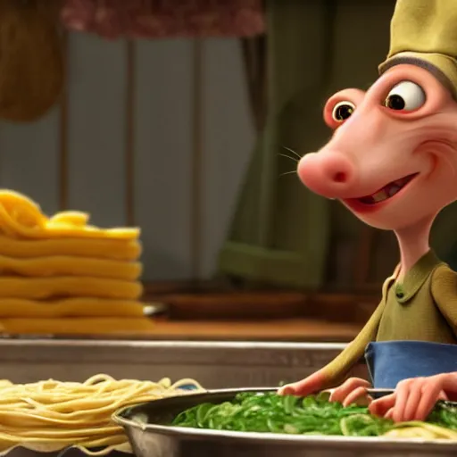 Prompt: remy from ratatouille making pasta, cinematic, dramatic, color grading, photojournalism, colorful, highly detailed