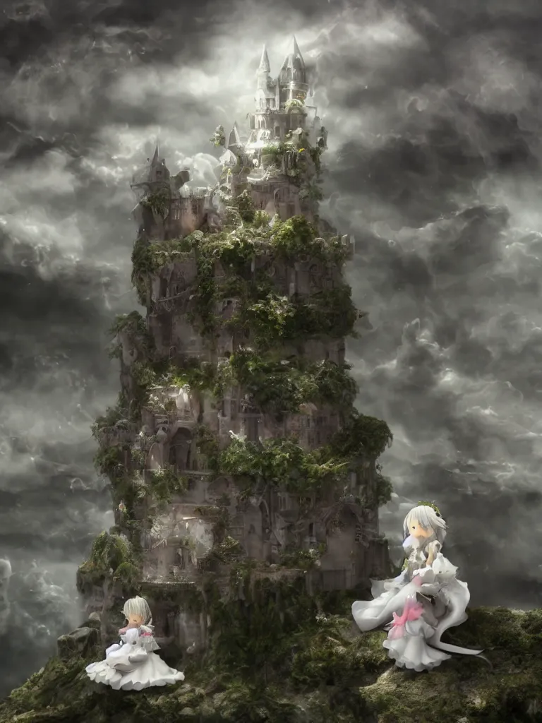 Image similar to cute fumo plush of a princess girl in a tower on a tiny island which she lays sole claim to, selfish empress of the abyss, tempestuous waters and thunderclouds, wisps of volumetric smoke and fog, gothic wraith maiden in tattered white dress, floating island, vignette, vray