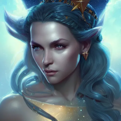 Image similar to star goddess, d & d, fantasy, portrait, highly detailed, digital painting, trending on artstation, concept art, sharp focus, illustration, art by artgerm and greg rutkowski and magali villeneuve