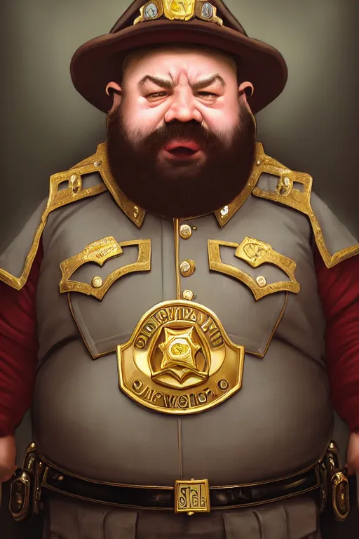 Prompt: a shifty fat high fantasy dwarf mall cop with a sheriff's badge, Oil Painting, hyperrealistic, octane render, Detailed Digital Art, RPG portrait, 3/4 bust, William-Adolphe Bouguereau, Michael Cheval, dynamic lighting, Highly Detailed, Cinematic Lighting, 8k, HD