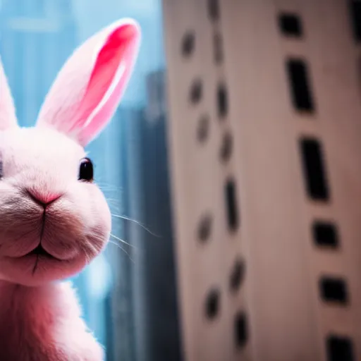 Prompt: a cute small pink rabbit with black spots sitting in the middle of a busy street with skyscrapers, low angle camera, cinematic, very detailed, 4 k, depth of field