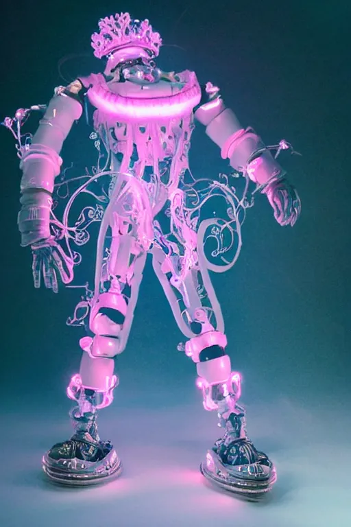 Image similar to full-body rococo and cyberpunk style neon statue of a muscular attractive Joe Jonas macho dotado e rico android sim roupa reclining con las piernas abertas e la piroca dura, glowing white laser eyes, prince crown of pink gears, diamonds, swirling silver-colored silk fabric. futuristic elements. full-length view. space robots. human skulls. intricate artwork by caravaggio. Trending on artstation, octane render, cinematic lighting from the right, hyper realism, octane render, 8k, depth of field, 3D