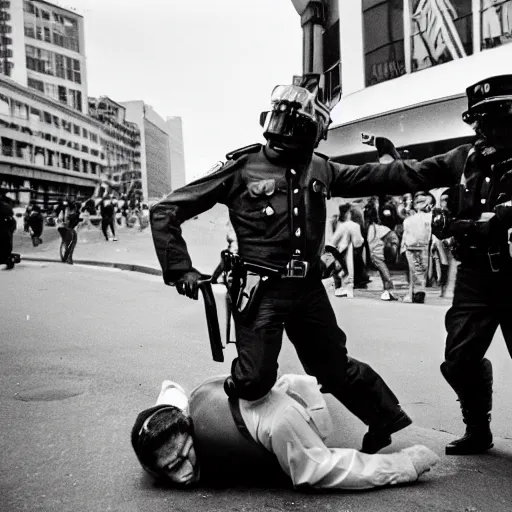 Image similar to a riot cop beating a clown, leica m 9, voigtlander 3 5 mm, 1 9 6 0 s