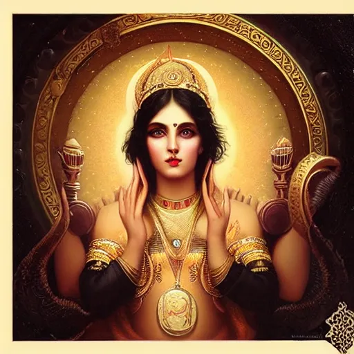 Prompt: lakshmi goddess of wealth, long black hair, beautiful face, background of golden coins, tom bagshaw