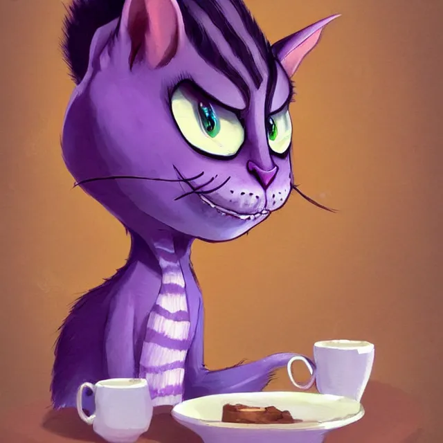 Image similar to cheshire cat drinking tea, by cory loftis, character art, art, very coherent, plain background, lighthearted, soft painting