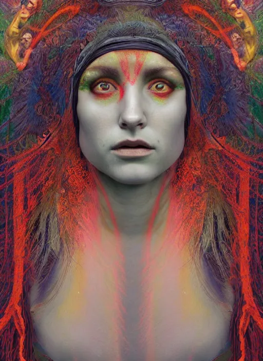 Image similar to Ayahuasca tripping cult magic psychic woman, subjective consciousness psychedelic, occult ritual, dark witch headdress, oil painting, robe, symmetrical face, greek dark myth, by John William Godward, Sean yoro, Anna Dittman, masterpiece
