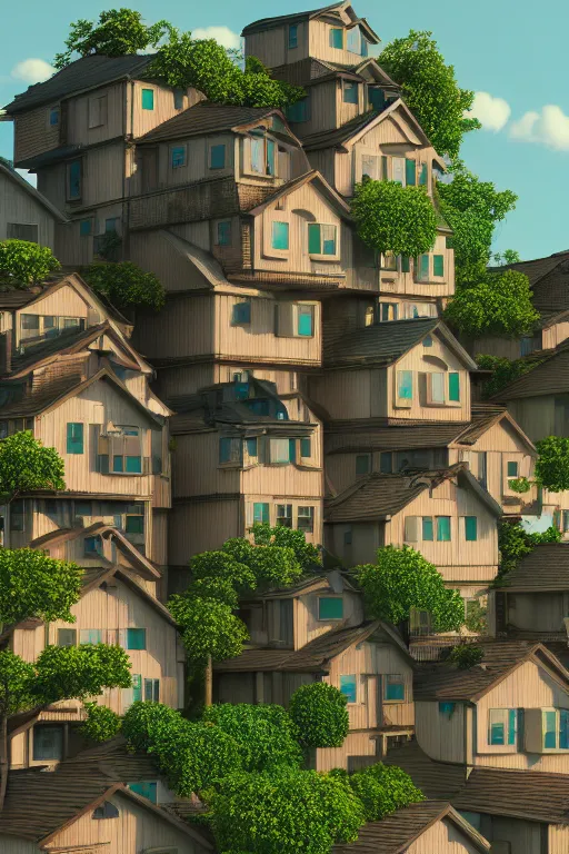 Image similar to stacked houses, solarpunk, studio ghibli, octane render, 4 k