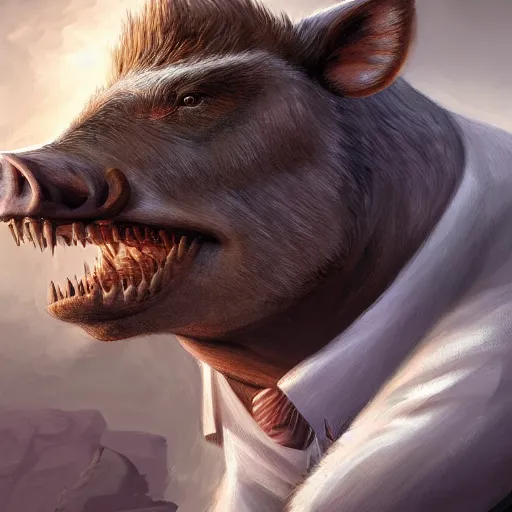 Image similar to a portrait of a boar wearing a white suit, muscular, smoking a cigar, gorgeous, intricate, elegant, volumetric lighting, scenery, high detail digital art, smooth, tony sart, randy vargas, sharp focus, illustration, concept art