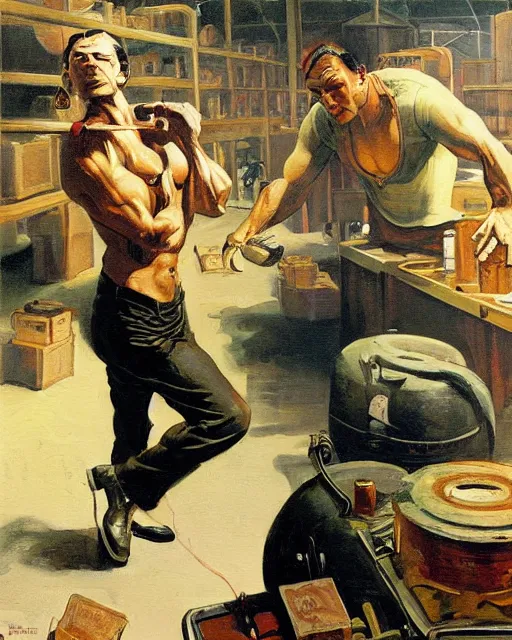 Prompt: muscly grimacing Snake Oil salesman shredding on a Gibson Les Paul in a snake oil warehouse, painting by Frank Frazetta