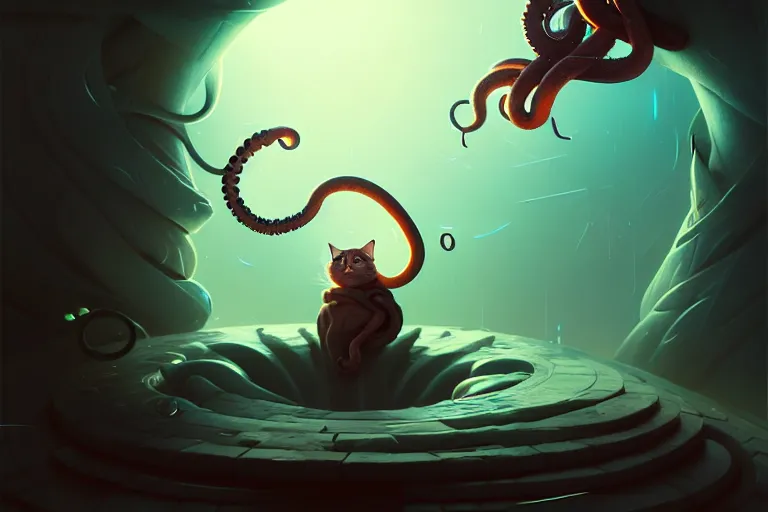 Prompt: dark wizard cat, tentacles climb from the portal, peter mohrbacher style, ray tracing, octane render, cinematic, digital art, realistic, high quality, 8 k