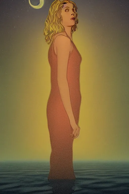 Prompt: Twin Peaks book movie poster artwork by Tomer Hanuka Rendering of a golden glowing woman in a nightgown standing in a lake at night illuminated by moonlight, full of details, by Makoto Shinkai and thomas kinkade, Matte painting, trending on artstation and unreal engine