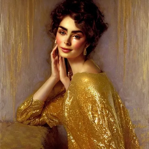 Image similar to detailed portrait of lilly collins in gold clothes, spring light, painting by gaston bussiere, craig mullins, j. c. leyendecker