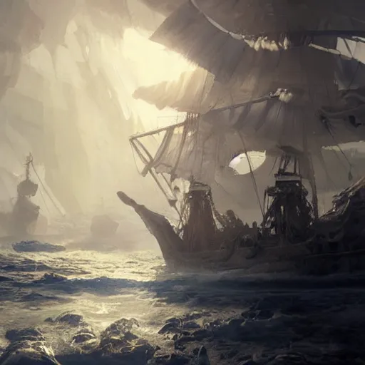 Prompt: detailed white pirate ship with hundreds of white feathers by greg rutkowski, enigmatic atmosphere, beautiful and cinematic lighting, artstation hq.